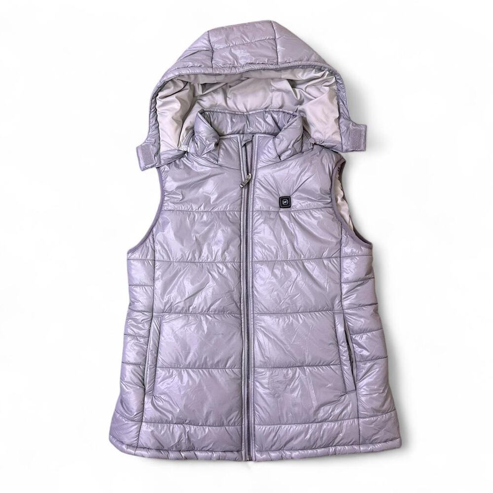 NWT MyHeat Women’s XL Heated Puffer Vest Lavender Detachable Hood Full Zip
